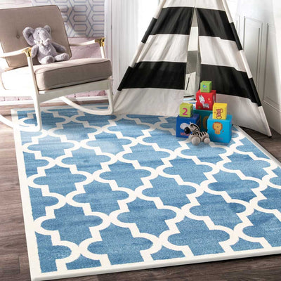Piccolo Blue and White Lattice Pattern Kids Rug 133x133cm Round Payday Deals