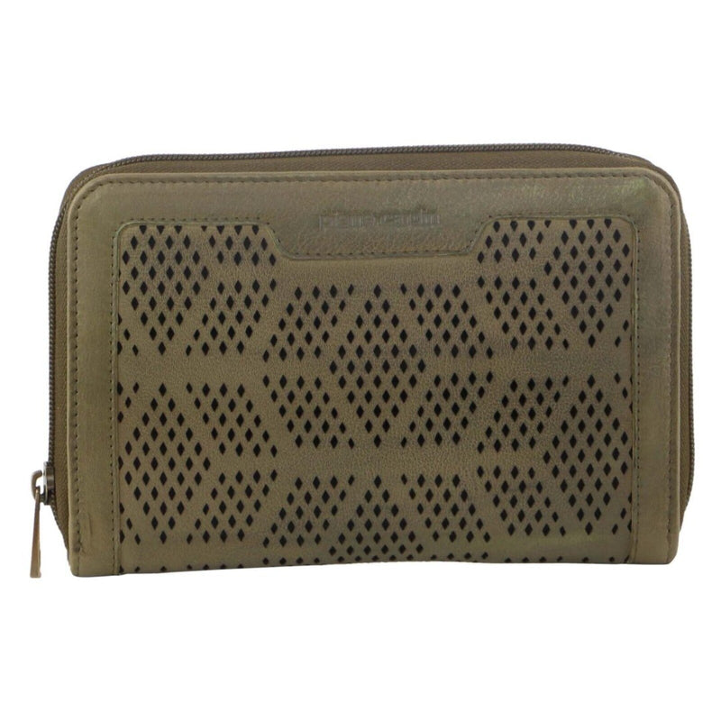 Pierre Cardin Perforated Leather Ladies Zip Around Wallet - Olive Payday Deals