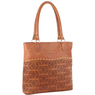 Pierre Cardin Womens Leather Perforated Shoulder Bag with stud Detailing - Cognac Payday Deals