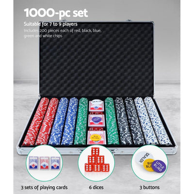 Poker Chip Set 1000PC Chips TEXAS HOLD'EM Casino Gambling Dice Cards Payday Deals