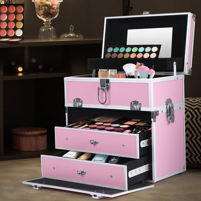 Portable Makeup Case Cosmetic Organiser Box Beauty Travel Suitcase 5 in 1  Pink Payday Deals