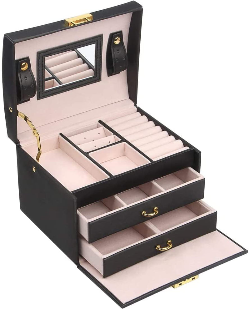 Portable Travel Jewelry box with three-layer PU leather storage box, mirror and lock Payday Deals