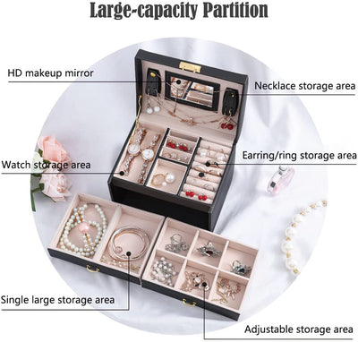 Portable Travel Jewelry box with three-layer PU leather storage box, mirror and lock Payday Deals