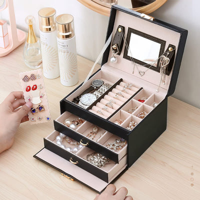 Portable Travel Jewelry box with three-layer PU leather storage box, mirror and lock Payday Deals