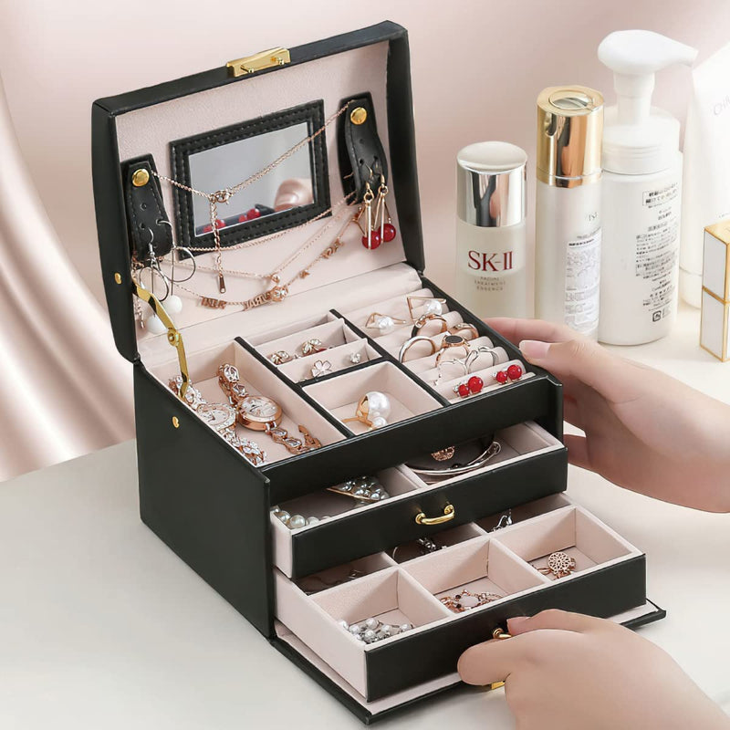 Portable Travel Jewelry box with three-layer PU leather storage box, mirror and lock Payday Deals