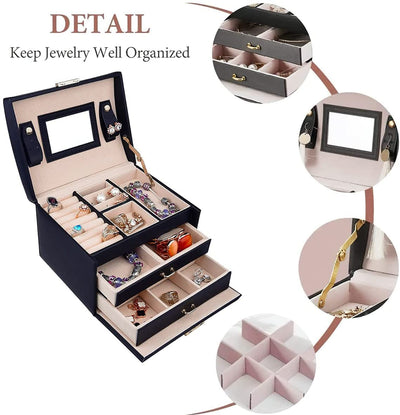 Portable Travel Jewelry box with three-layer PU leather storage box, mirror and lock Payday Deals