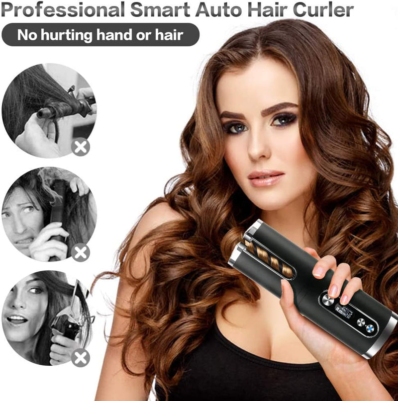 Portable Wireless Automatic Hair Curler for Travel with LED Temperature Display, Timer and USB Rechargeable (Black) Payday Deals