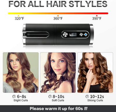 Portable Wireless Automatic Hair Curler for Travel with LED Temperature Display, Timer and USB Rechargeable (Black) Payday Deals