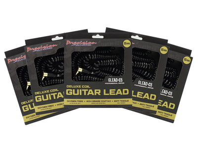 Precision Audio 5 Pack 1/4" To 1/4" 6.35mm Deluxe Coil Studio Guitar Lead Straight to Straight GLEADC5 5m Payday Deals