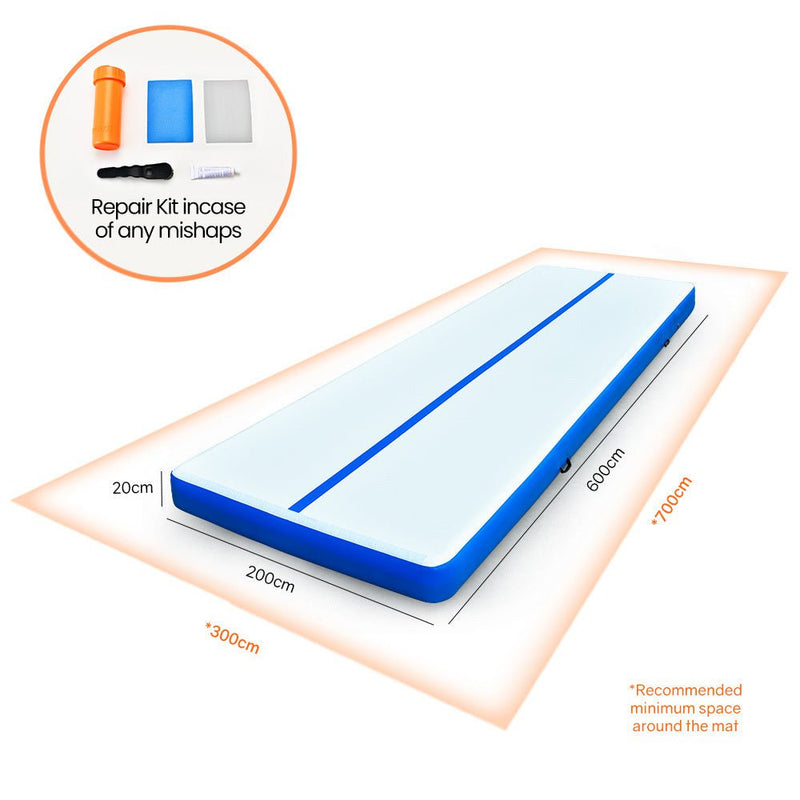 PROFLEX 600x200x20cm Inflatable Air Track Mat Tumbling Gymnastics, Blue & White (No Pump) Payday Deals