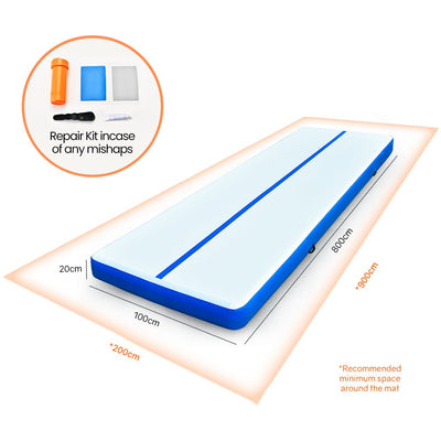 PROFLEX  800x100x20cm Inflatable Air Track Mat Tumbling Gymnastics, Blue & White (No Pump) Payday Deals