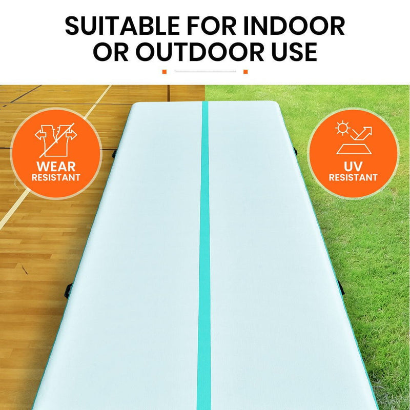 PROFLEX 800x100x20cm Inflatable Air Track Mat Tumbling Gymnastics, Mint Green & Grey (No Pump) Payday Deals