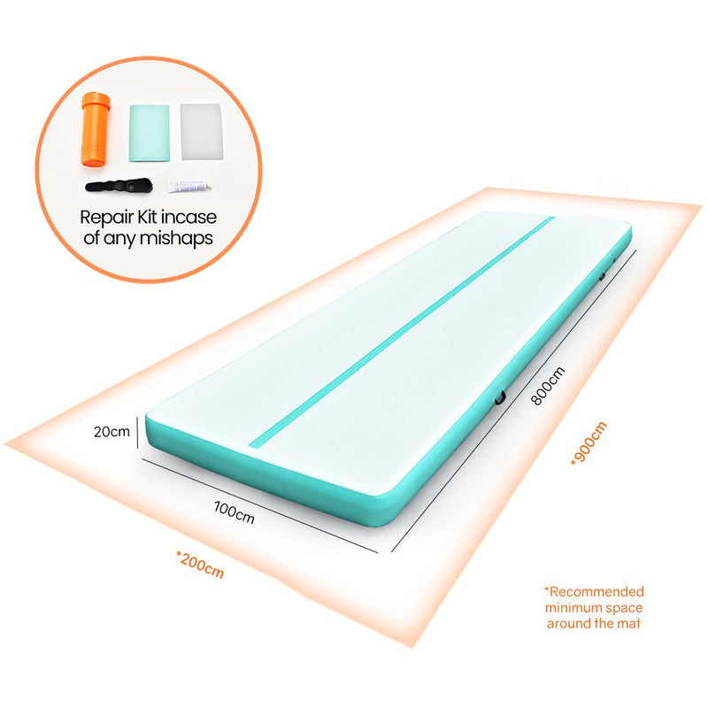 PROFLEX 800x100x20cm Inflatable Air Track Mat Tumbling Gymnastics, Mint Green & Grey (No Pump) Payday Deals