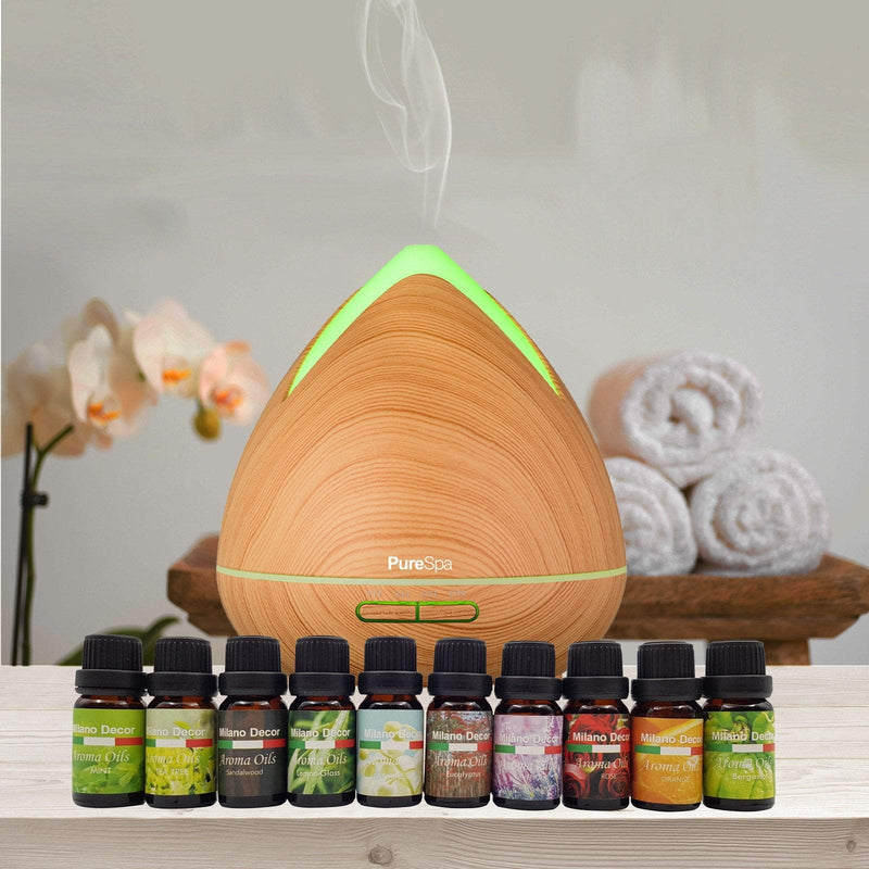 Purespa Diffuser Set With 10 Pack Diffuser Oils Humidifier Aromatherapy  Light Wood Payday Deals