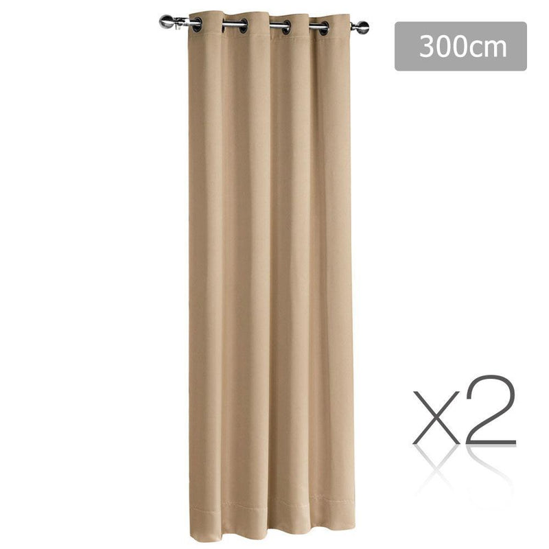 Queen 2 Panel 300 x 230cm Eyelet Block Out Curtains -  Latte