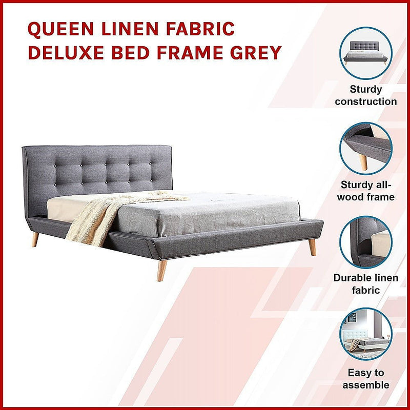 Queen Linen Fabric Deluxe Bed Frame Grey Payday Deals