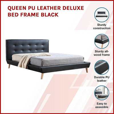 Queen PU Leather Deluxe Bed Frame Black Payday Deals