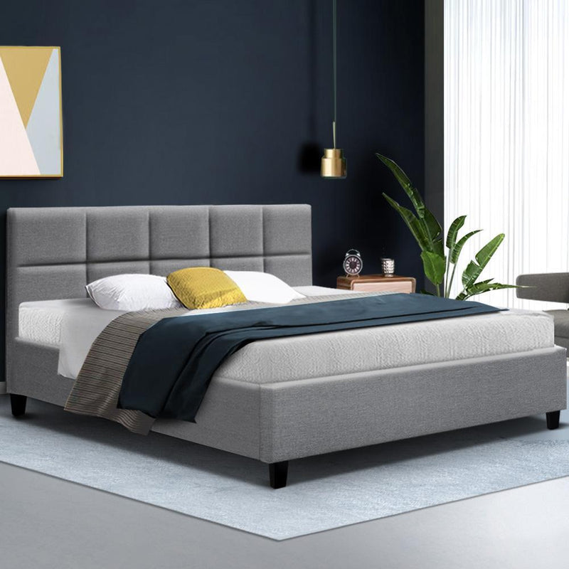 Queen Size Bed Frame Base Mattress Fabric Wooden Grey TINO