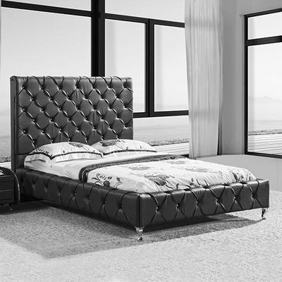 Queen Size Bed Frame in Black Faux Leather Crystal Tufted High Bedhead Bentwood Slat