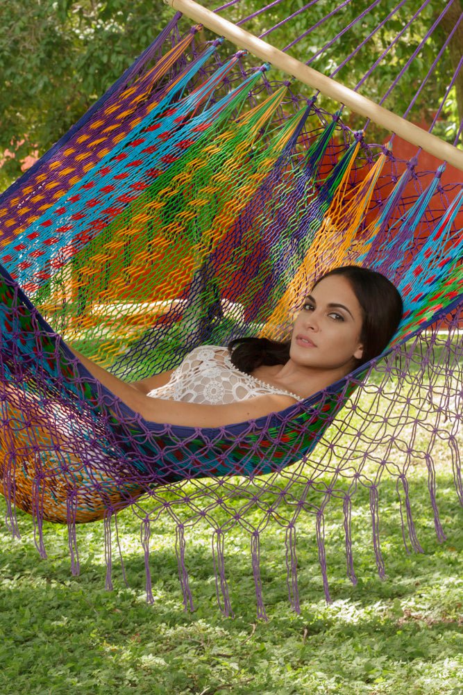 Mayan Legacy Queen Size Outdoor Cotton Mexican Resort Hammock With Fringe in Colorina Colour