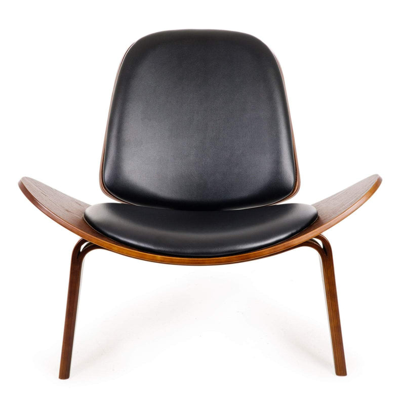Replica Hans Wegner Shell Chair - Black PU Leather / Walnut Wood