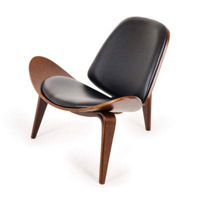 Replica Hans Wegner Shell Chair - Black PU Leather / Walnut Wood Payday Deals