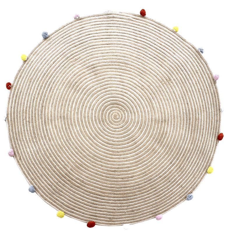 Round Woven Jute Cotton Multicolour Pompom Rug 120 cm Payday Deals