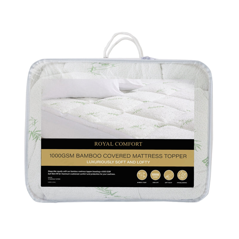 Royal Comfort 1000GSM Luxury Bamboo Covered Mattress Topper Ball Fibre Gusset - Single - White Payday Deals