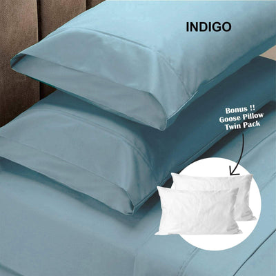 Royal Comfort 4 Piece 1500TC Sheet Set And Goose Feather Down Pillows 2 Pack Set - Queen - Indigo