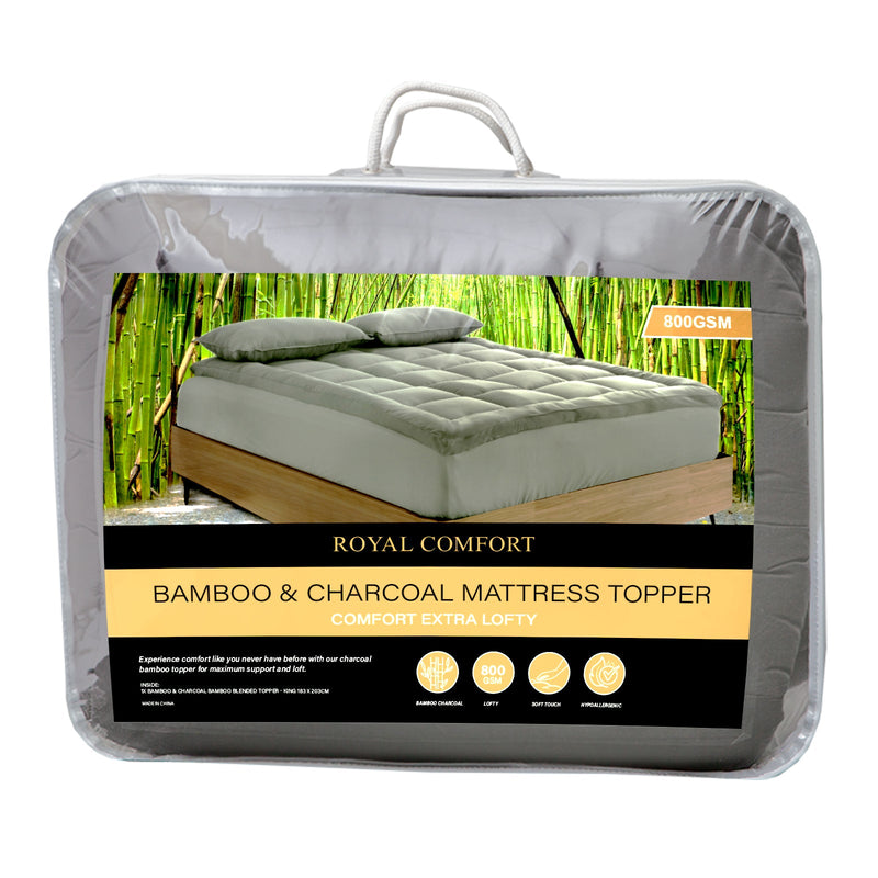 Royal Comfort Charcoal Bamboo Blend Topper 800GSM 45cm Skirt Luxury Bedding - Single - Charcoal Payday Deals