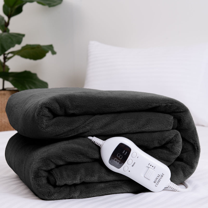 Royal Comfort Heated Faux Fur Throw Fleece Electric Blanket Double-Sided - Charcoal Payday Deals