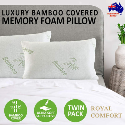 Royal Comfort Luxury Bamboo Covered Memory Foam Pillow Twin Pack Hypoallergenic 56 x 36 x 10 cm White, Green Payday Deals