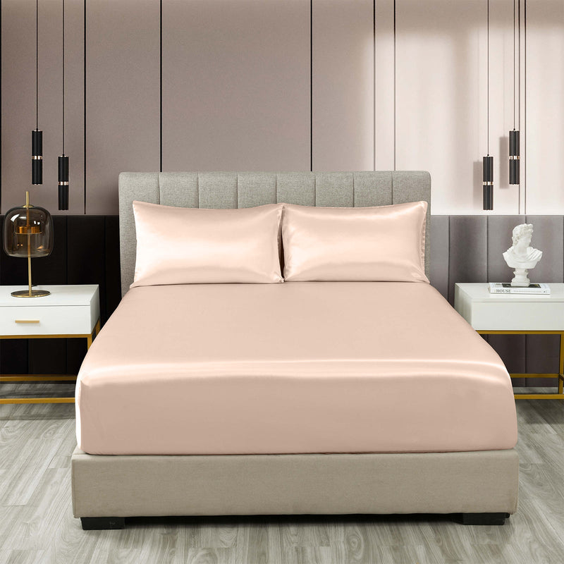 Royal Comfort Satin Sheet Set 3 Piece Fitted Sheet Pillowcase Soft  - Queen - Champagne Pink Payday Deals