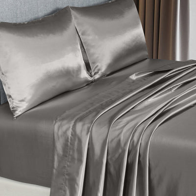 Royal Comfort Satin Sheet Set 4 Piece Fitted Flat Sheet Pillowcases  - Queen - Charcoal Payday Deals