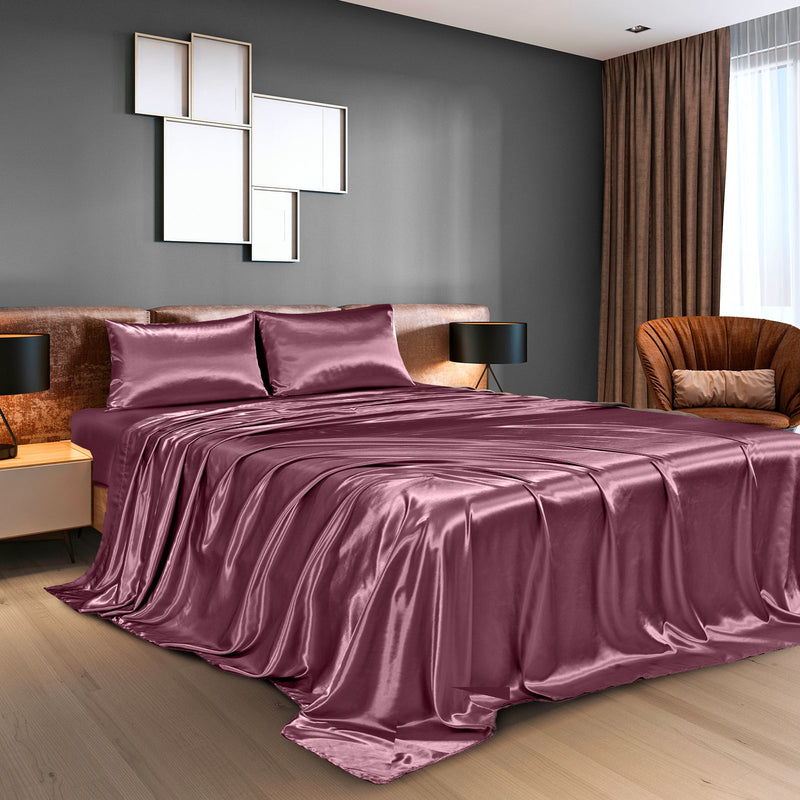 Royal Comfort Satin Sheet Set 4 Piece Fitted Flat Sheet Pillowcases  - Queen - Malaga Wine Payday Deals