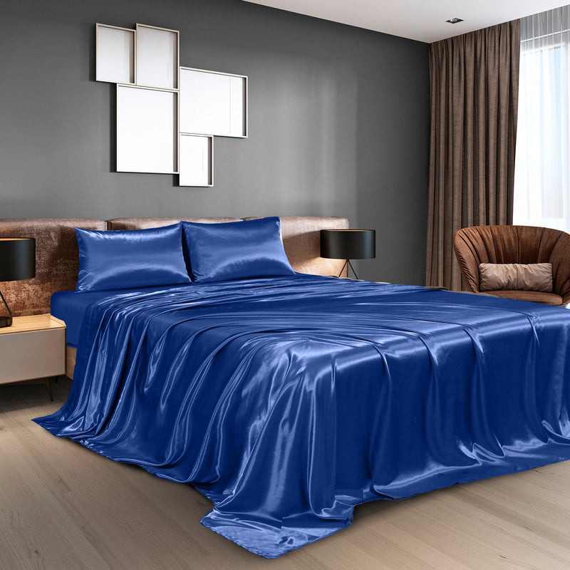 Royal Comfort Satin Sheet Set 4 Piece Fitted Flat Sheet Pillowcases  - Queen - Navy Blue Payday Deals
