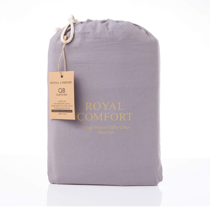 Royal Comfort Vintage Washed 100 % Cotton Sheet Set Single - Grey Payday Deals