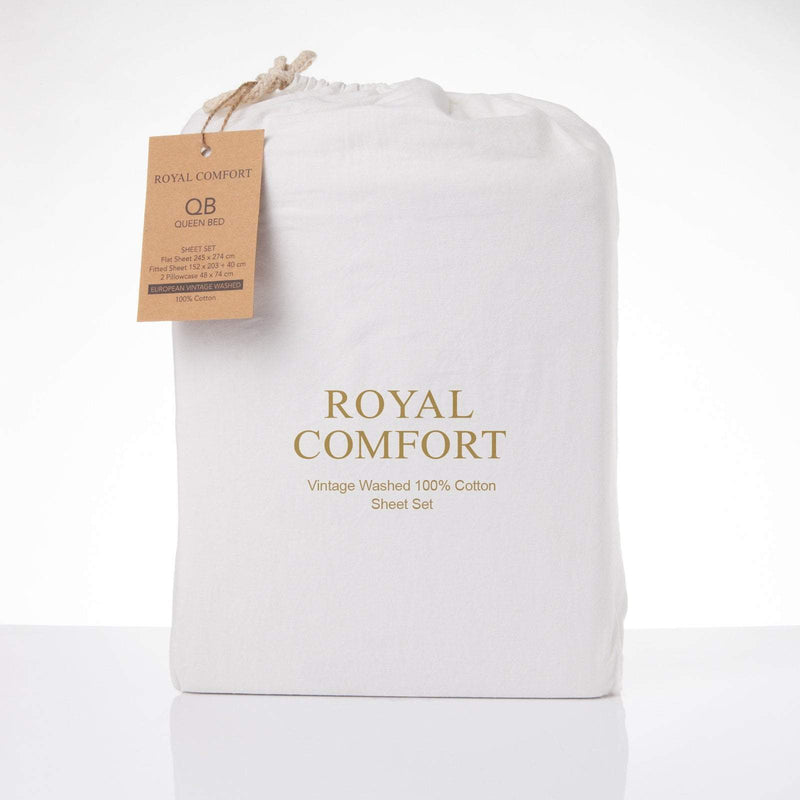 Royal Comfort Vintage Washed 100 % Cotton Sheet Set Single - White Payday Deals