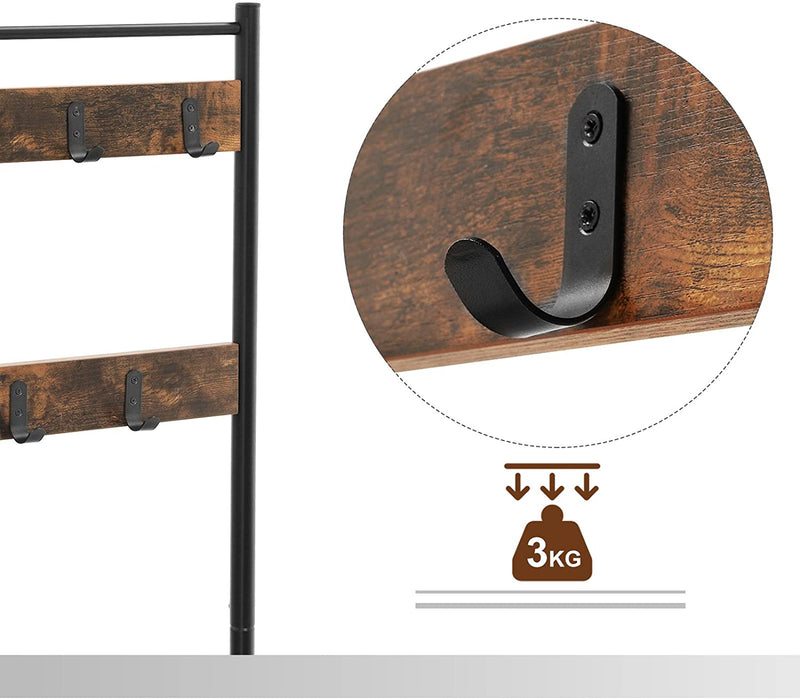 Rustic Brown Coat Rack Stand with Hallway Shoe Rack and Bench with Shelves, Matte Metal Frame, Height 175 cm Payday Deals