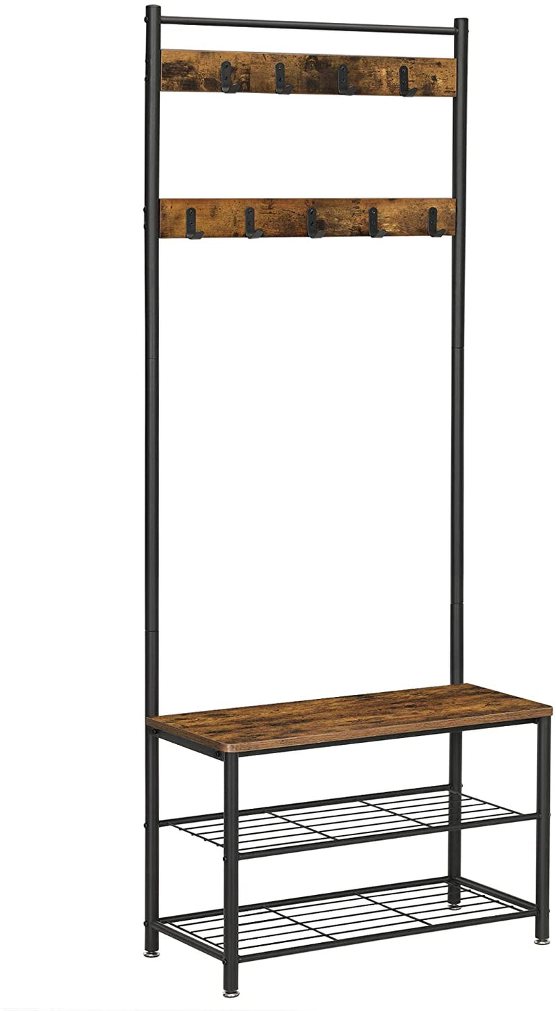 Rustic Brown Coat Rack Stand with Hallway Shoe Rack and Bench with Shelves, Matte Metal Frame, Height 175 cm Payday Deals