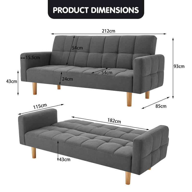 Sarantino 3-Seater Fabric Sofa Bed Futon - Dark Grey Payday Deals