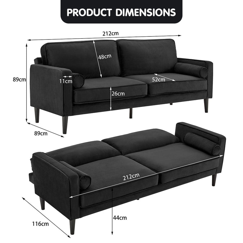 Sarantino Faux Velvet Sofa Bed Couch Furniture Lounge Suite - Black Payday Deals