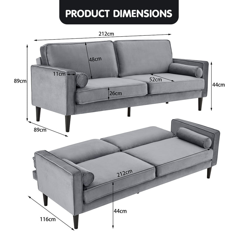 Sarantino Faux Velvet Sofa Bed Couch Furniture Lounge Suite Seat Grey Payday Deals