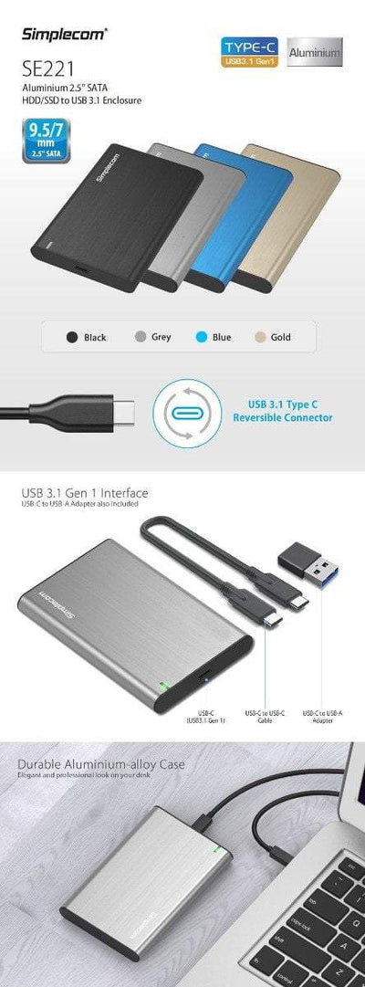 SE221 Aluminium 2.5'' SATA HDD/SSD to USB 3.1 Enclosure Black