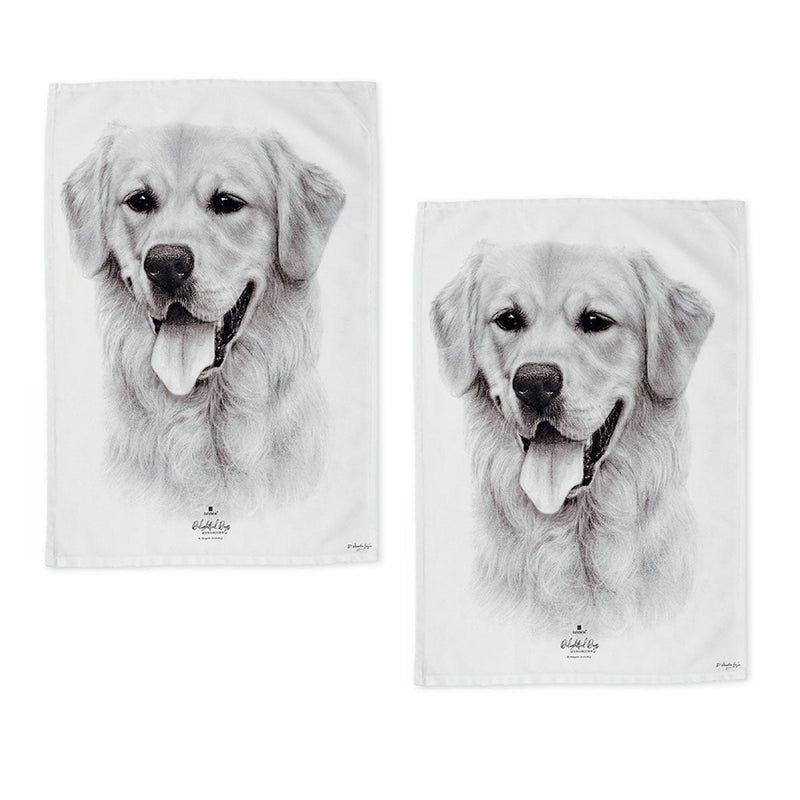 Set of 2 Delightful Dogs Cotton Kitchen Tea Towels 50 x 70 cm Golden Retriever Payday Deals