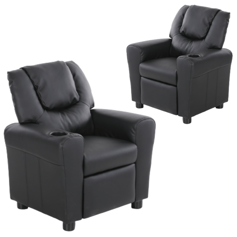 Set of 2 Oliver Kids Recliner Chair Sofa Children Lounge Couch PU Armchair Black Payday Deals