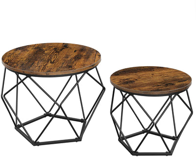 Set of 2 Side Tables Robust Steel Frame, Rustic Brown and Black