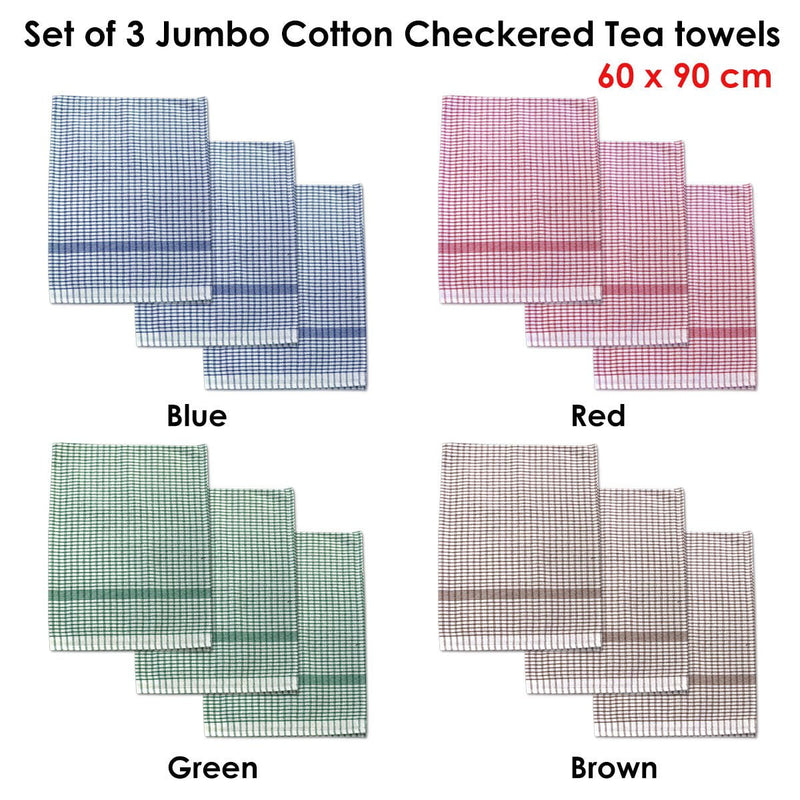 Set of 3 Jumbo Cotton Checkered Tea Towels 60 x 90 cm Green Payday Deals