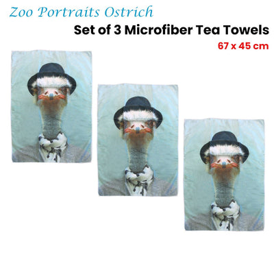 Set of 3 Zoo Portraits Microfiber Tea Towels Ostrich 67 x 45 cm Payday Deals