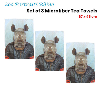 Set of 3 Zoo Portraits Microfiber Tea Towels Rhino 67 x 45 cm Payday Deals